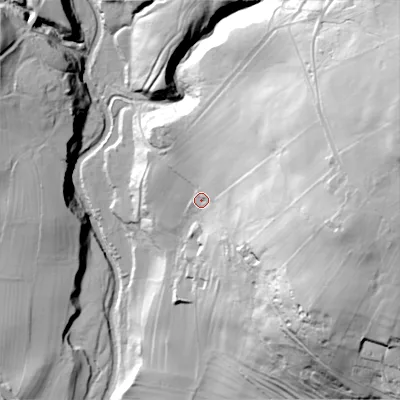 Shaded relief map of the ground around DL120AX, computed from Environment Agency LiDAR. The ground here sits at about 236 m above sea level and falls 96 m across the surrounding 800 m. Surface water reaching this point runs off ground lying to the east, 57.5 m higher.