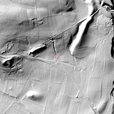 Shaded relief map of the ground around DL120BD, computed from Environment Agency LiDAR. The ground here sits at about 227 m above sea level and falls 74 m across the surrounding 800 m. Surface water reaching this point runs off ground lying to the north-north-west, 42.4 m higher.