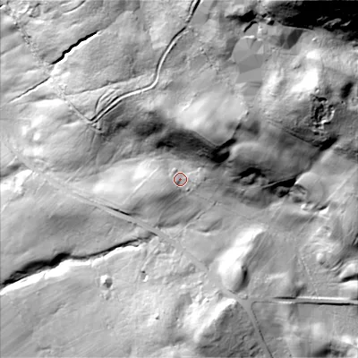 Shaded relief map of the ground around DL120DQ, computed from Environment Agency LiDAR. The ground here sits at about 303 m above sea level and falls 143 m across the surrounding 800 m. Surface water reaching this point runs off ground lying to the east-north-east, 57.4 m higher.
