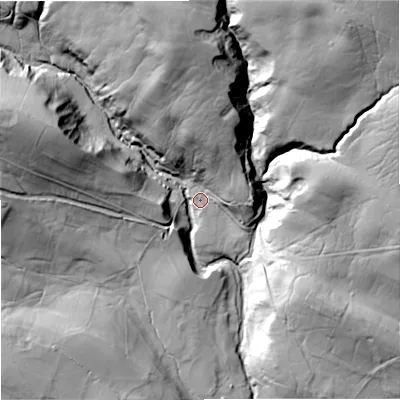 Shaded relief map of the ground around DL120EQ, computed from Environment Agency LiDAR. The ground here sits at about 306 m above sea level and falls 89 m across the surrounding 800 m. Surface water reaching this point runs off ground lying to the north-north-west, 64.2 m higher.