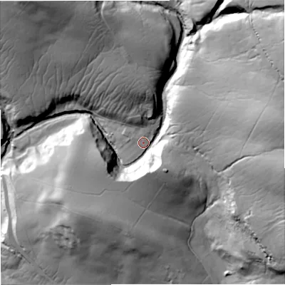 Shaded relief map of the ground around DL120HE, computed from Environment Agency LiDAR. The ground here sits at about 399 m above sea level and falls 87 m across the surrounding 800 m. Surface water reaching this point runs off ground lying to the north-east, 69.5 m higher.