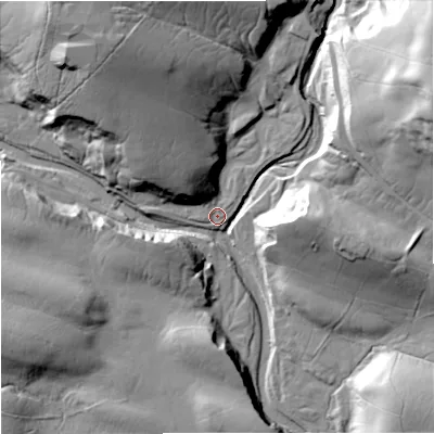 Shaded relief map of the ground around DL120HF, computed from Environment Agency LiDAR. The ground here sits at about 374 m above sea level and falls 51 m across the surrounding 800 m. Surface water reaching this point runs off ground lying to the north-west, 39.2 m higher.