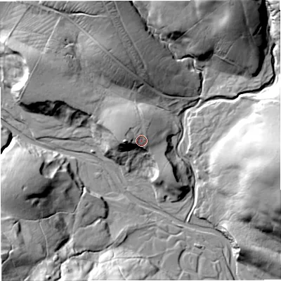 Shaded relief map of the ground around DL120HT, computed from Environment Agency LiDAR. The ground here sits at about 436 m above sea level and falls 59 m across the surrounding 800 m. Surface water reaching this point runs off ground lying to the west-north-west, 5.6 m higher.