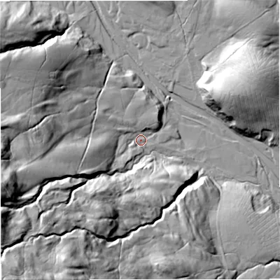 Shaded relief map of the ground around DL120HX, computed from Environment Agency LiDAR. The ground here sits at about 418 m above sea level and falls 96 m across the surrounding 800 m. Surface water reaching this point runs off ground lying to the west-south-west, 41.1 m higher.