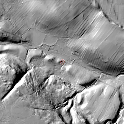 Shaded relief map of the ground around DL120NJ, computed from Environment Agency LiDAR. The ground here sits at about 263 m above sea level and falls 105 m across the surrounding 800 m. Surface water reaching this point runs off ground lying to the south-west, 89.3 m higher.