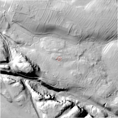 Shaded relief map of the ground around DL120NR, computed from Environment Agency LiDAR. The ground here sits at about 299 m above sea level and falls 113 m across the surrounding 800 m. Surface water reaching this point runs off ground lying to the south-west, 1.8 m higher.