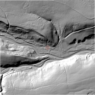 Shaded relief map of the ground around DL120PB, computed from Environment Agency LiDAR. The ground here sits at about 358 m above sea level and falls 58 m across the surrounding 800 m. Surface water reaching this point runs off ground lying to the north-north-west, 33.9 m higher.