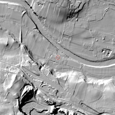 Shaded relief map of the ground around DL120PJ, computed from Environment Agency LiDAR. The ground here sits at about 217 m above sea level and falls 73 m across the surrounding 800 m. The ground contributing surface water to this point lies to the west.