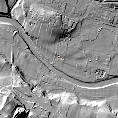 Shaded relief map of the ground around DL120TJ, computed from Environment Agency LiDAR. The ground here sits at about 215 m above sea level and falls 63 m across the surrounding 800 m. Surface water reaching this point runs off ground lying to the north-north-west, 3.8 m higher.