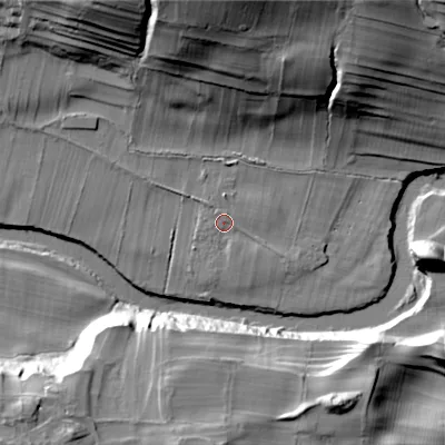Shaded relief map of the ground around DL120TL, computed from Environment Agency LiDAR. The ground here sits at about 210 m above sea level and falls 40 m across the surrounding 800 m. Surface water reaching this point runs off ground lying to the south, 1.8 m higher.