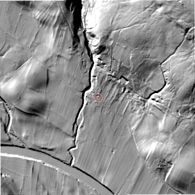 Shaded relief map of the ground around DL120TX, computed from Environment Agency LiDAR. The ground here sits at about 260 m above sea level and falls 118 m across the surrounding 800 m. Surface water reaching this point runs off ground lying to the north-north-east, 8.4 m higher.