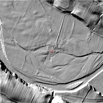 Shaded relief map of the ground around DL120UJ, computed from Environment Agency LiDAR. The ground here sits at about 238 m above sea level and falls 51 m across the surrounding 800 m. Surface water reaching this point runs off ground lying to the north-north-east, 17.4 m higher.