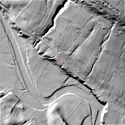 Shaded relief map of the ground around DL120UZ, computed from Environment Agency LiDAR. The ground here sits at about 246 m above sea level and falls 130 m across the surrounding 800 m. Surface water reaching this point runs off ground lying to the north-east, 105.6 m higher.