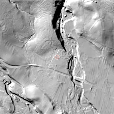 Shaded relief map of the ground around DL120XE, computed from Environment Agency LiDAR. The ground here sits at about 278 m above sea level and falls 66 m across the surrounding 800 m. Surface water reaching this point runs off ground lying to the north, 20.8 m higher.