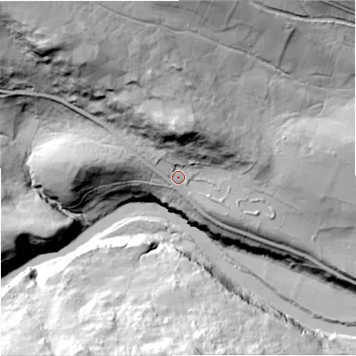 Shaded relief map of the ground around DL120XH, computed from Environment Agency LiDAR. The ground here sits at about 320 m above sea level and falls 90 m across the surrounding 800 m. Surface water reaching this point runs off ground lying to the north-north-west, 34.8 m higher.