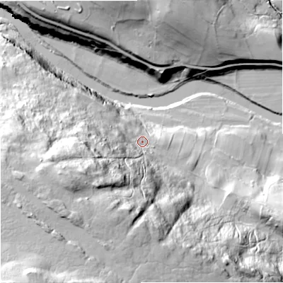 Shaded relief map of the ground around DL120XQ, computed from Environment Agency LiDAR. The ground here sits at about 301 m above sea level and falls 86 m across the surrounding 800 m. Surface water reaching this point runs off ground lying to the west-south-west, 55.2 m higher.