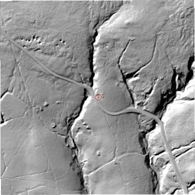 Shaded relief map of the ground around DL120XY, computed from Environment Agency LiDAR. The ground here sits at about 524 m above sea level and falls 115 m across the surrounding 800 m. Surface water reaching this point runs off ground lying to the north-north-east, 55.7 m higher.