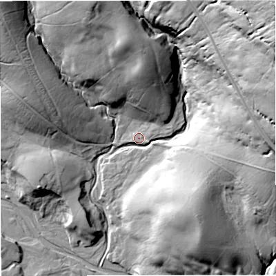 Shaded relief map of the ground around DL120XZ, computed from Environment Agency LiDAR. The ground here sits at about 434 m above sea level and falls 124 m across the surrounding 800 m. Surface water reaching this point runs off ground lying to the north-east, 101.0 m higher.