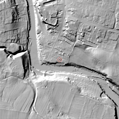 Shaded relief map of the ground around DL128GP, computed from Environment Agency LiDAR. The ground here sits at about 136 m above sea level and falls 53 m across the surrounding 800 m. Surface water reaching this point runs off ground lying to the north-north-east, 28.8 m higher.