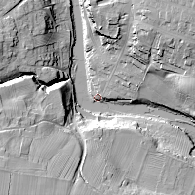 Shaded relief map of the ground around DL128QD, computed from Environment Agency LiDAR. The ground here sits at about 133 m above sea level and falls 59 m across the surrounding 800 m. Surface water reaching this point runs off ground lying to the south-west, 56.2 m higher.