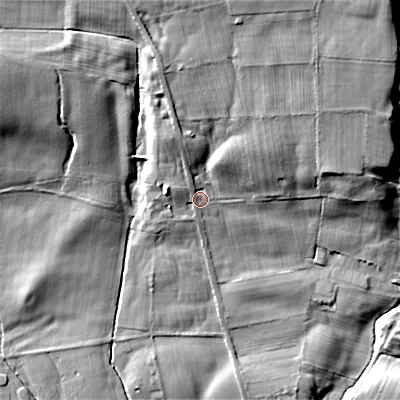 Shaded relief map of the ground around DL128QW, computed from Environment Agency LiDAR. The ground here sits at about 185 m above sea level and falls 32 m across the surrounding 800 m. Surface water reaching this point runs off ground lying to the north-north-west, 9.1 m higher.
