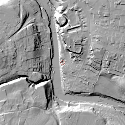 Shaded relief map of the ground around DL128RN, computed from Environment Agency LiDAR. The ground here sits at about 134 m above sea level and falls 50 m across the surrounding 800 m. Surface water reaching this point runs off ground lying to the north-east, 39.5 m higher.
