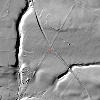Shaded relief map of the ground around DL128RP, computed from Environment Agency LiDAR. The ground here sits at about 197 m above sea level and falls 37 m across the surrounding 800 m. Surface water reaching this point runs off ground lying to the north-north-east, 13.9 m higher.