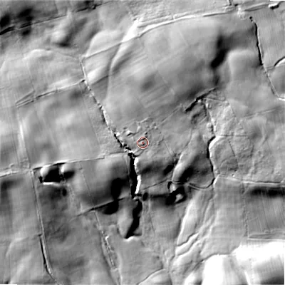 Shaded relief map of the ground around DL128SD, computed from Environment Agency LiDAR. The ground here sits at about 235 m above sea level and falls 75 m across the surrounding 800 m. Surface water reaching this point runs off ground lying to the north-north-west, 13.9 m higher.