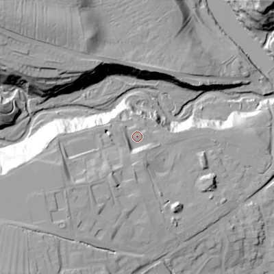 Shaded relief map of the ground around DL129BG, computed from Environment Agency LiDAR. The ground here sits at about 160 m above sea level and falls 54 m across the surrounding 800 m. Surface water reaching this point runs off ground lying to the south-west, 14.2 m higher.