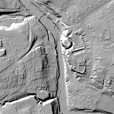 Shaded relief map of the ground around DL129BN, computed from Environment Agency LiDAR. The ground here sits at about 133 m above sea level and falls 43 m across the surrounding 800 m. Surface water reaching this point runs off ground lying to the north-north-east, 38.6 m higher.
