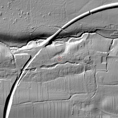Shaded relief map of the ground around DL129BP, computed from Environment Agency LiDAR. The ground here sits at about 208 m above sea level and falls 41 m across the surrounding 800 m. Surface water reaching this point runs off ground lying to the west-south-west, 8.4 m higher.