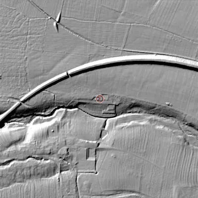 Shaded relief map of the ground around DL129BW, computed from Environment Agency LiDAR. The ground here sits at about 193 m above sea level and falls 34 m across the surrounding 800 m. Surface water reaching this point runs off ground lying to the west, 3.3 m higher.