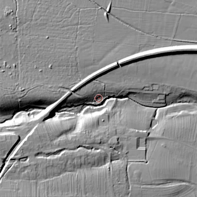 Shaded relief map of the ground around DL129DS, computed from Environment Agency LiDAR. The ground here sits at about 194 m above sea level and falls 37 m across the surrounding 800 m. Surface water reaching this point runs off ground lying to the west-south-west, 24.6 m higher.
