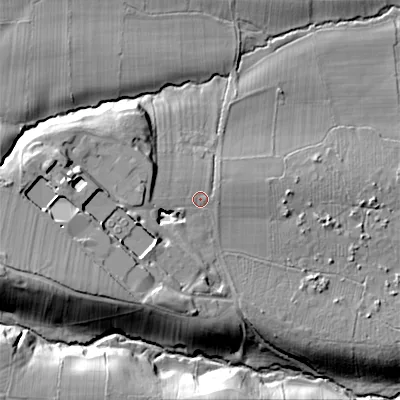 Shaded relief map of the ground around DL129DW, computed from Environment Agency LiDAR. The ground here sits at about 220 m above sea level and falls 43 m across the surrounding 800 m. Surface water reaching this point runs off ground lying to the west-south-west, 21.1 m higher.