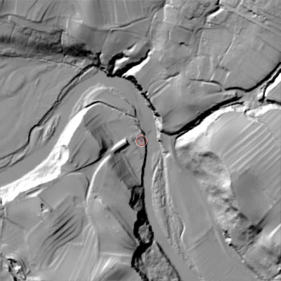 Shaded relief map of the ground around DL129EQ, computed from Environment Agency LiDAR. The ground here sits at about 184 m above sea level and falls 64 m across the surrounding 800 m. Surface water reaching this point runs off ground lying to the north-east, 62.0 m higher.