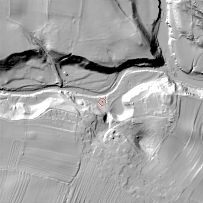 Shaded relief map of the ground around DL129QJ, computed from Environment Agency LiDAR. The ground here sits at about 161 m above sea level and falls 45 m across the surrounding 800 m. Surface water reaching this point runs off ground lying to the south-west, 21.1 m higher.