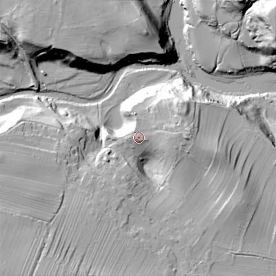 Shaded relief map of the ground around DL129QW, computed from Environment Agency LiDAR. The ground here sits at about 180 m above sea level and falls 49 m across the surrounding 800 m. Surface water reaching this point runs off ground lying to the east-north-east, 13.1 m higher.