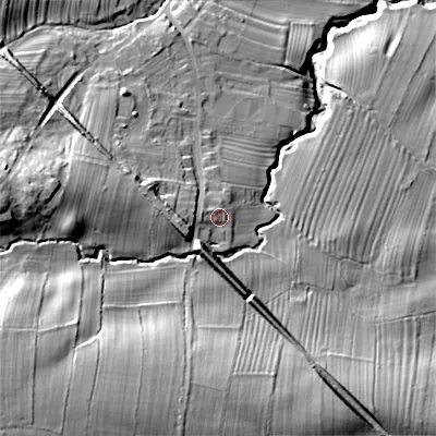 Shaded relief map of the ground around DL129QY, computed from Environment Agency LiDAR. The ground here sits at about 192 m above sea level and falls 49 m across the surrounding 800 m. Surface water reaching this point runs off ground lying to the west, 6.3 m higher.