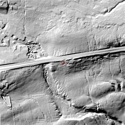 Shaded relief map of the ground around DL129RH, computed from Environment Agency LiDAR. The ground here sits at about 375 m above sea level and falls 57 m across the surrounding 800 m. Surface water reaching this point runs off ground lying to the east-north-east, 0.9 m higher.