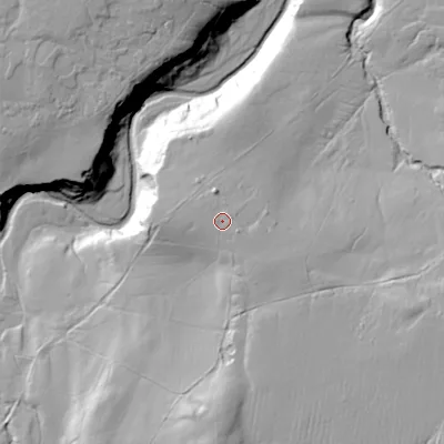 Shaded relief map of the ground around DL129RL, computed from Environment Agency LiDAR. The ground here sits at about 374 m above sea level and falls 40 m across the surrounding 800 m. Surface water reaching this point runs off ground lying to the east-south-east, 1.7 m higher.