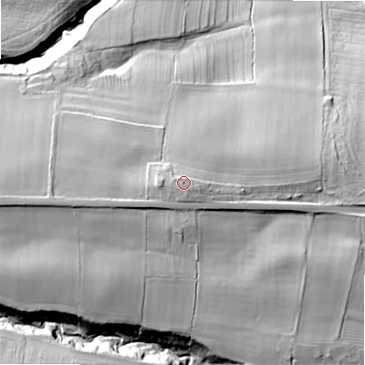 Shaded relief map of the ground around DL129RY, computed from Environment Agency LiDAR. The ground here sits at about 177 m above sea level and falls 49 m across the surrounding 800 m. Surface water reaching this point runs off ground lying to the west-south-west, 3.5 m higher.
