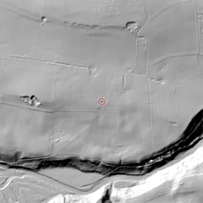 Shaded relief map of the ground around DL129SQ, computed from Environment Agency LiDAR. The ground here sits at about 243 m above sea level and falls 80 m across the surrounding 800 m. Surface water reaching this point runs off ground lying to the west-north-west, 5.8 m higher.
