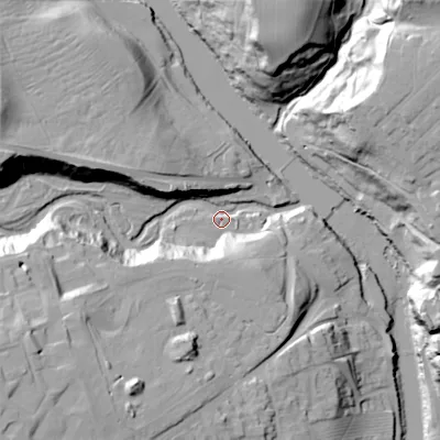 Shaded relief map of the ground around DL129TB, computed from Environment Agency LiDAR. The ground here sits at about 138 m above sea level and falls 46 m across the surrounding 800 m. Surface water reaching this point runs off ground lying to the west-south-west, 39.2 m higher.