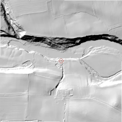 Shaded relief map of the ground around DL129TR, computed from Environment Agency LiDAR. The ground here sits at about 102 m above sea level and falls 38 m across the surrounding 800 m. Surface water reaching this point runs off ground lying to the south-south-east, 33.9 m higher.