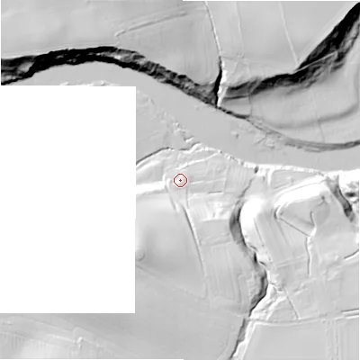 Shaded relief map of the ground around DL129TS, computed from Environment Agency LiDAR. The ground here sits at about 103 m above sea level and falls 36 m across the surrounding 800 m. Surface water reaching this point runs off ground lying to the south-west, 25.9 m higher.