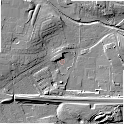 Shaded relief map of the ground around DL12BJ, computed from Environment Agency LiDAR. The ground here sits at about 44 m above sea level and falls 18 m across the surrounding 800 m. Surface water reaching this point runs off ground lying to the west, 8.5 m higher.