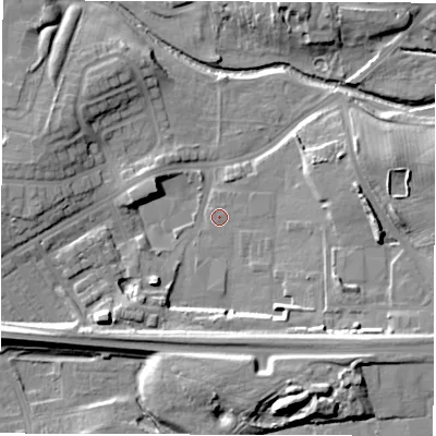Shaded relief map of the ground around DL12BL, computed from Environment Agency LiDAR. The ground here sits at about 44 m above sea level and falls 18 m across the surrounding 800 m. Surface water reaching this point runs off ground lying to the south-east, 9.5 m higher.