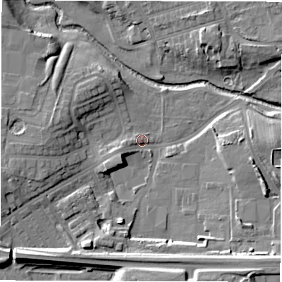 Shaded relief map of the ground around DL12BP, computed from Environment Agency LiDAR. The ground here sits at about 45 m above sea level and falls 15 m across the surrounding 800 m. Surface water reaching this point runs off ground lying to the west-south-west, 4.4 m higher.