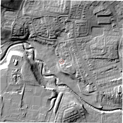 Shaded relief map of the ground around DL12BQ, computed from Environment Agency LiDAR. The ground here sits at about 44 m above sea level and falls 22 m across the surrounding 800 m. Surface water reaching this point runs off ground lying to the north-north-east, 6.5 m higher.