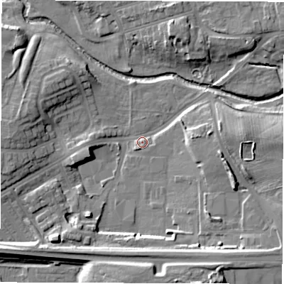 Shaded relief map of the ground around DL12DA, computed from Environment Agency LiDAR. The ground here sits at about 44 m above sea level and falls 16 m across the surrounding 800 m. Surface water reaching this point runs off ground lying to the east, 7.7 m higher.